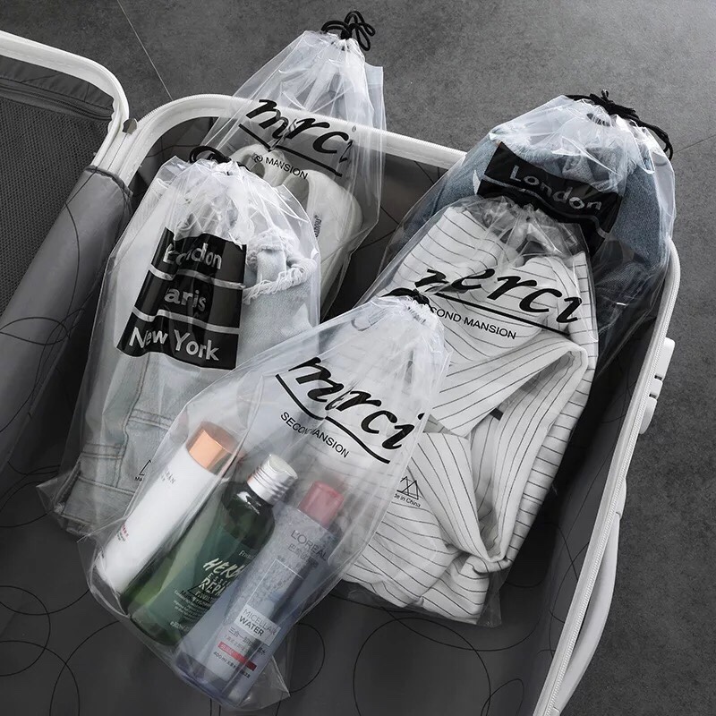 透明旅行收纳袋防水鞋子收纳袋旅游便携束口袋衣物抽绳袋内衣袋子收纳袋 三维工匠储物箱高清大图