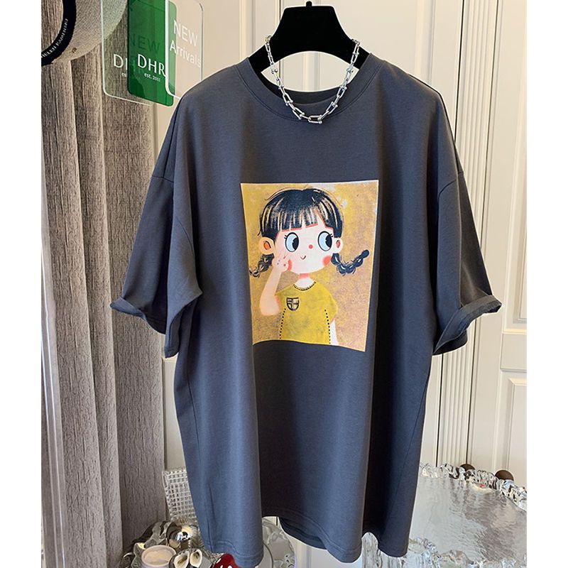 秋壳宽松纯棉2022夏季新款女ins韩版可爱卡通大码印花短袖T恤潮
