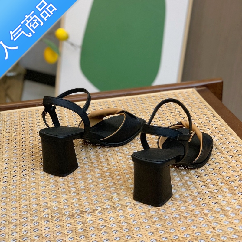SUNTEK一字扣带凉鞋女7M2023年新款夏季仙女风粗跟高跟鞋时装罗马女鞋