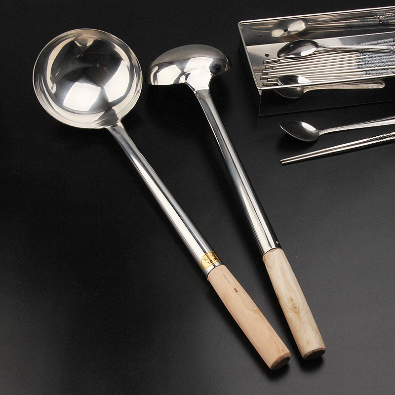 2厚10两炒勺[约260克水] 不锈钢厨师炒勺长把铁勺壳木柄钢柄汤勺子