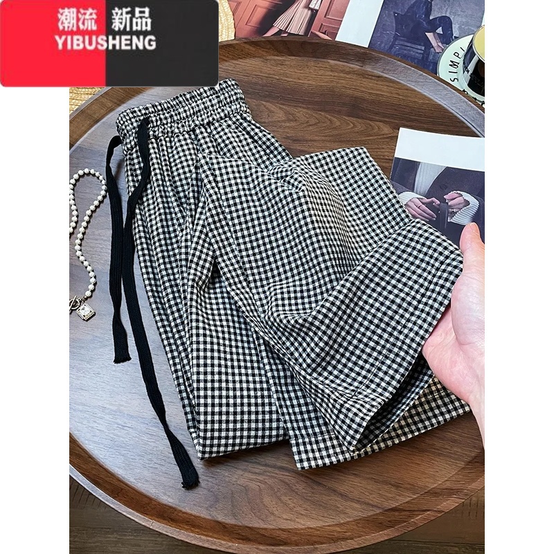 YIBUSHENG2024新款韩版慵懒风chic格子休闲裤女潮流直筒洋气百搭阔腿裤薄气高清大图