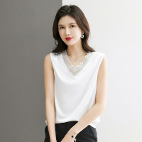 蕾丝v领仿真丝吊带背心女夏季大码缎面打底衫西装内搭无袖上衣 XL(建议90斤-110斤） 白色背心【1号】