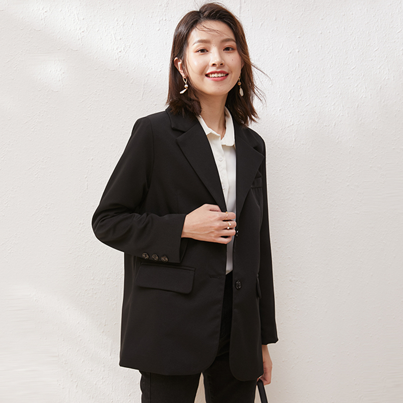 艳如飞2020秋冬韩版chic黑色小西装中长款职业工装休闲西服面试外套女