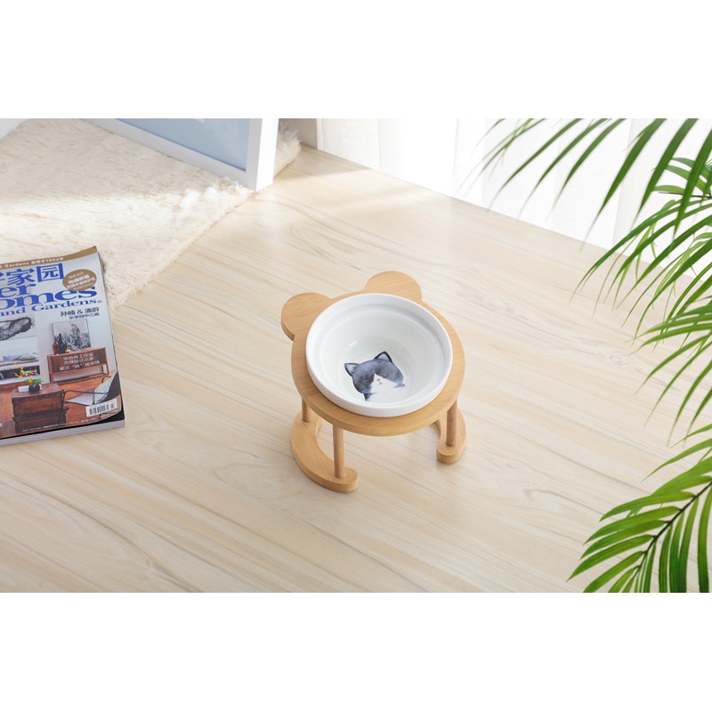 猫碗高脚猫咪喂食碗保护颈椎斜口狗碗可爱猫盆双碗陶瓷饮水宠物 可爱竹木黑八脸猫+单碗套装 猫咪/小型犬