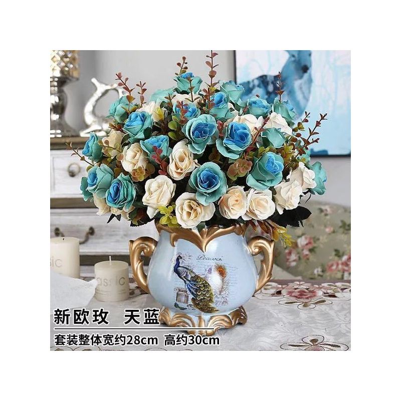 欧式仿真干花客厅家居摆设盆栽套装摆件室内餐桌茶几塑料假花绢花C6|4束蓝色AZ角玫+欧式瓶
