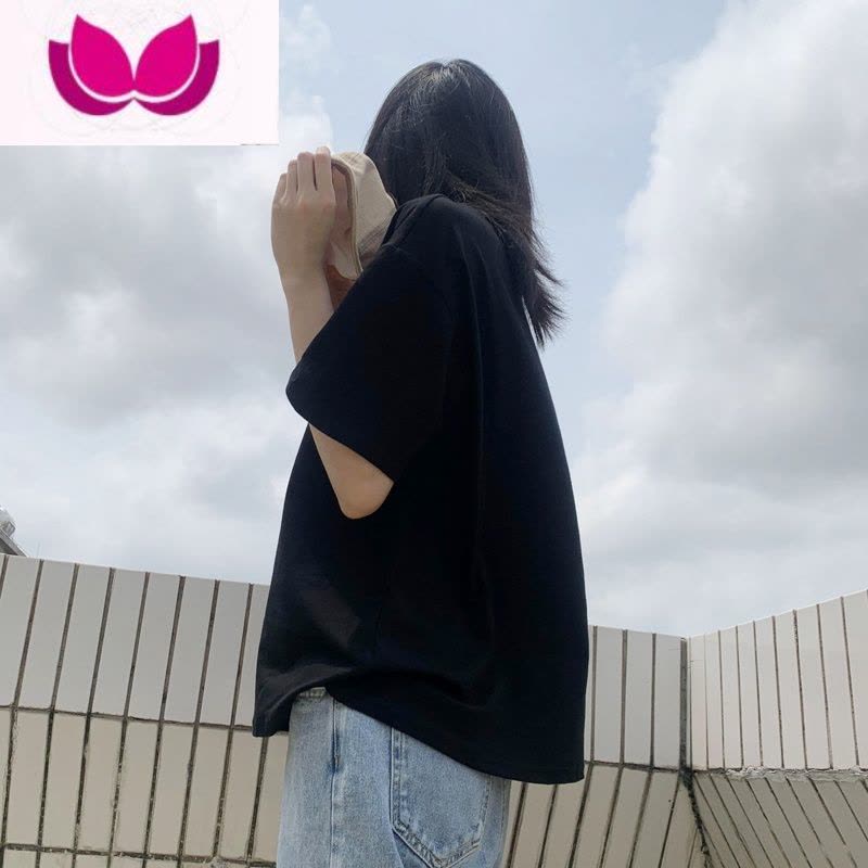 七斓黑色纯色t恤女短袖半袖韩版大码2021夏季宽松白体恤ins打底衫图片