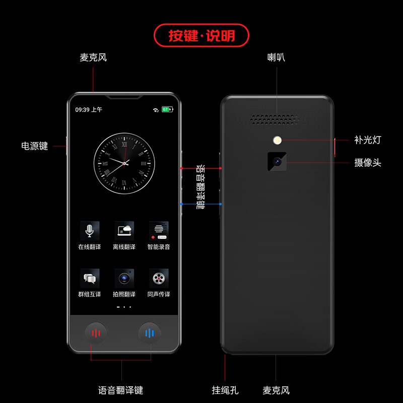 爱国者(aigo)chat4.0s翻译机 同声翻译多语种离线拍照语音wifi连网智能翻译器 黑高清大图