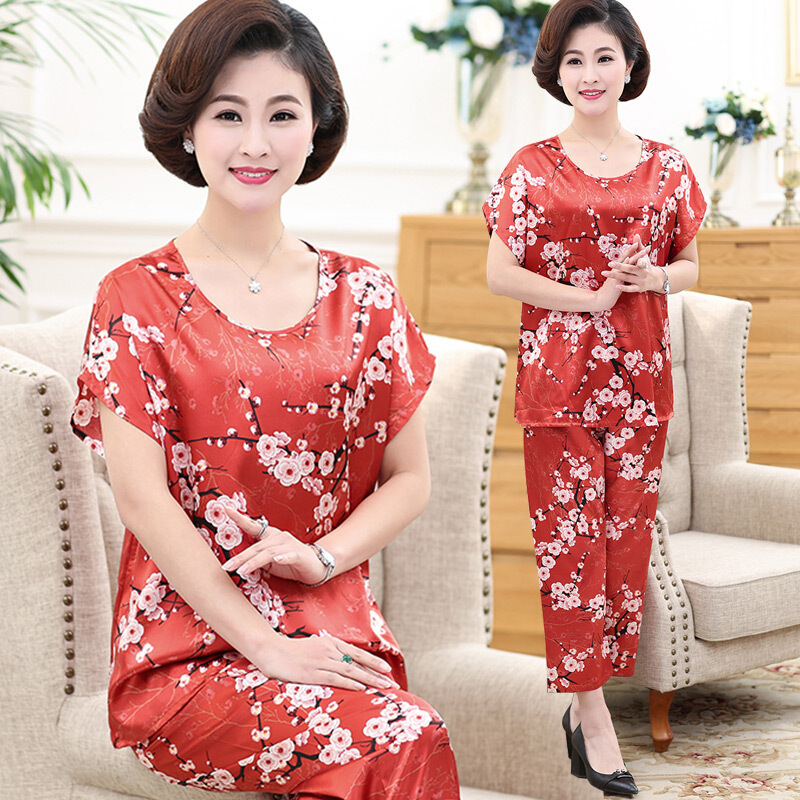 妈妈睡衣夏短袖两件套装冰丝中老年家居服婆婆宽松大码薄款女