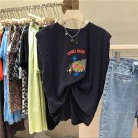 新款无袖T恤女夏橘色时尚百搭宽松大码m背心学生显瘦小众短袖上衣 黑色 黑色 S