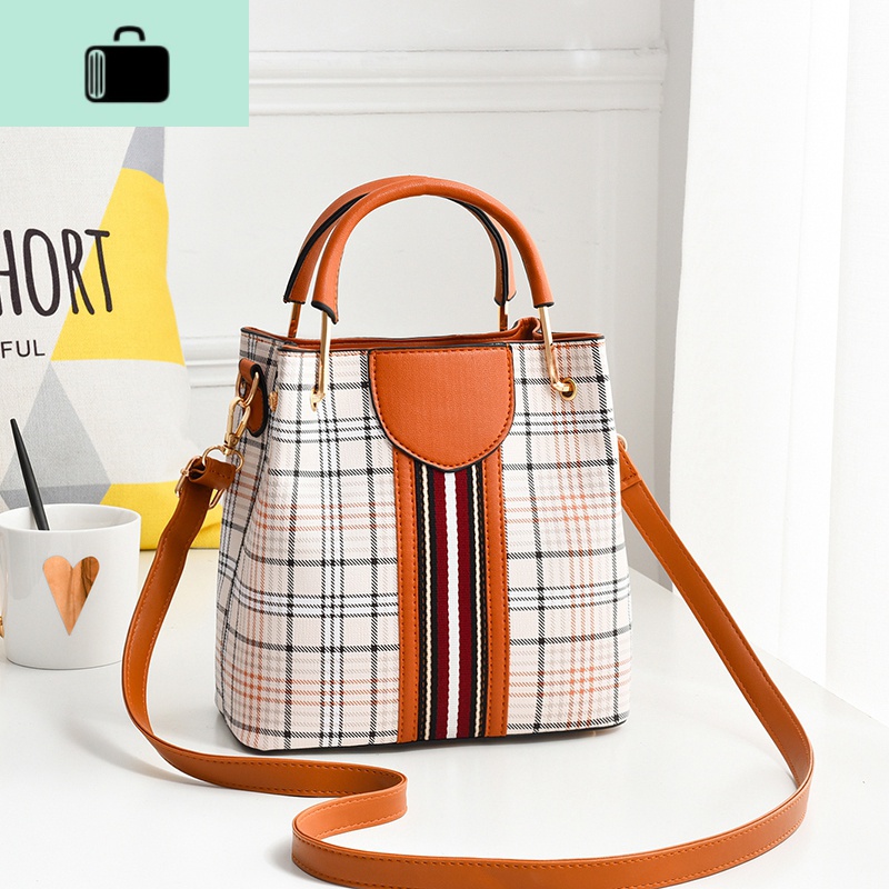 2020大包包女士2019新款潮网红单肩斜挎包时尚百搭手提包水桶包NEWLAKE 英伦格纹-焦糖色