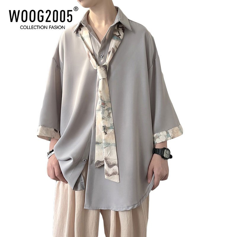 WOOG2005墨绿色日系衬衫夏季男装冷淡风短袖vintage六七分袖衬衣