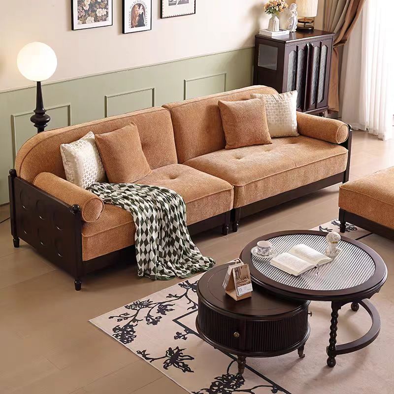 法式复古实木布艺沙发客厅小户型三位直排转角贵妃榻沙发茶几组合高清大图