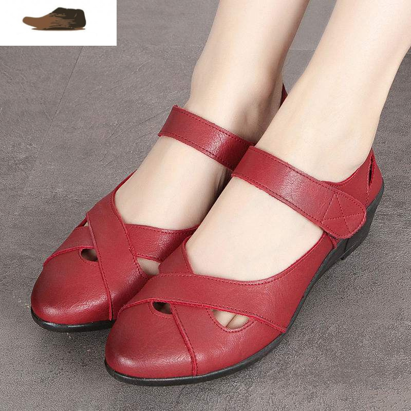 ideamini中老年女凉鞋平底妈妈鞋老人夏季皮凉鞋中年女士平跟休闲妈妈