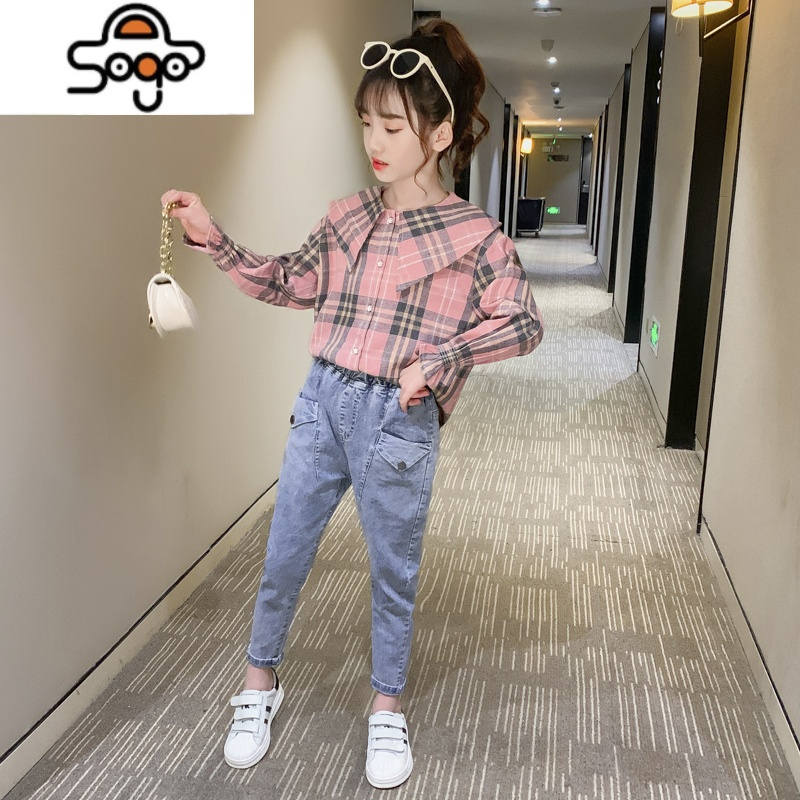 女童格子衬衫长袖春秋韩版儿童装衬衣洋气上衣时髦中大童外套秋装 七色王国