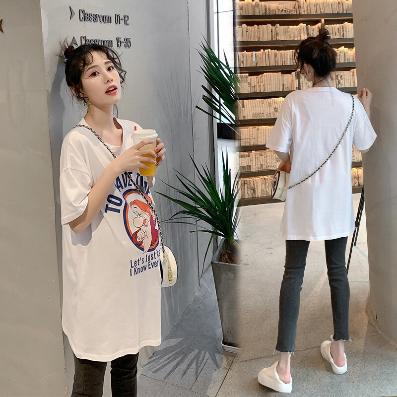 迪鲁奥(DILUAO)孕妇装夏装外出2021新款卡通上衣T恤孕妇连衣裙中长款时尚潮妈孕妇套装夏季宽松透气孕妇裙子 白色