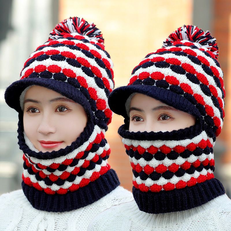 新款帽子女秋冬季骑车护脖毛线帽加绒保暖针织帽围脖一体连体帽女