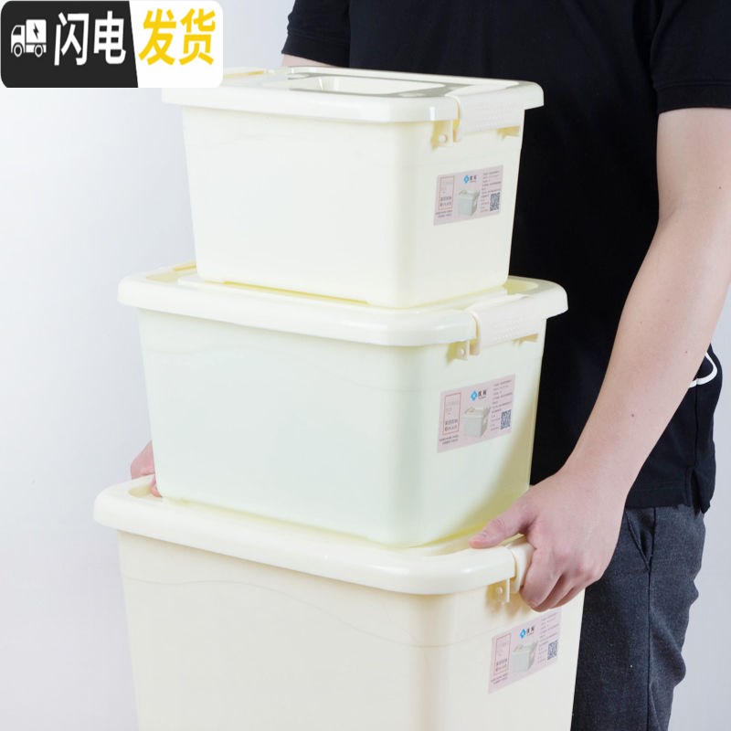 三维工匠塑料收纳箱透明彩色有盖带提手大号小号储物高清大图
