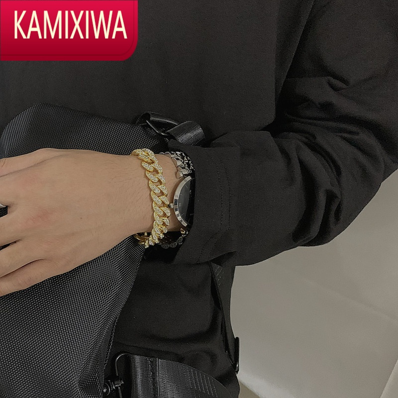 KAMIXIWAZuoDanni潮牌嘻哈古巴链王嘉尔hiphop镶钻手环男街头搭配手链