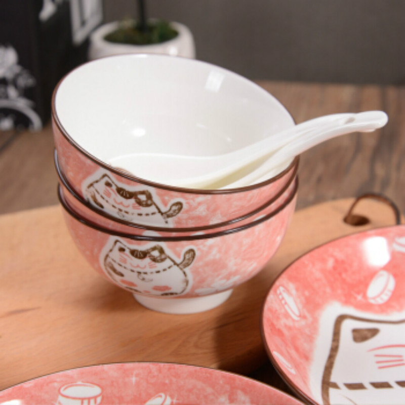 雅诚德(Arst) 釉下彩卡通招财猫陶瓷家用盘碗碟勺餐具套装组合Y138 2碗2勺红色