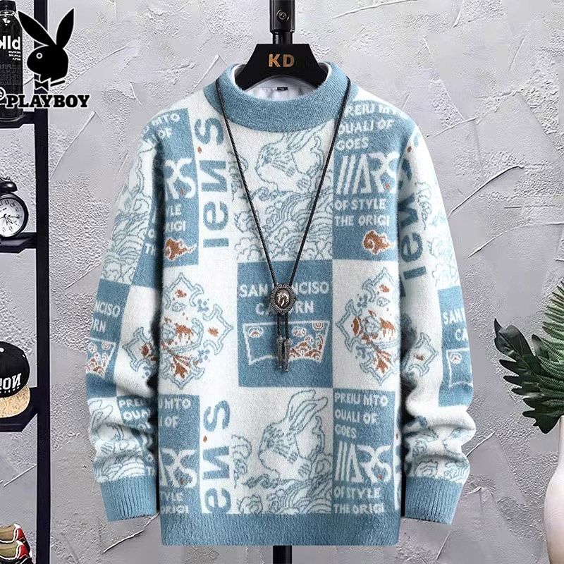 花花公子圆领毛衣男士秋冬季新款宽松衣服潮牌拼色休闲内搭针潮内高清大图