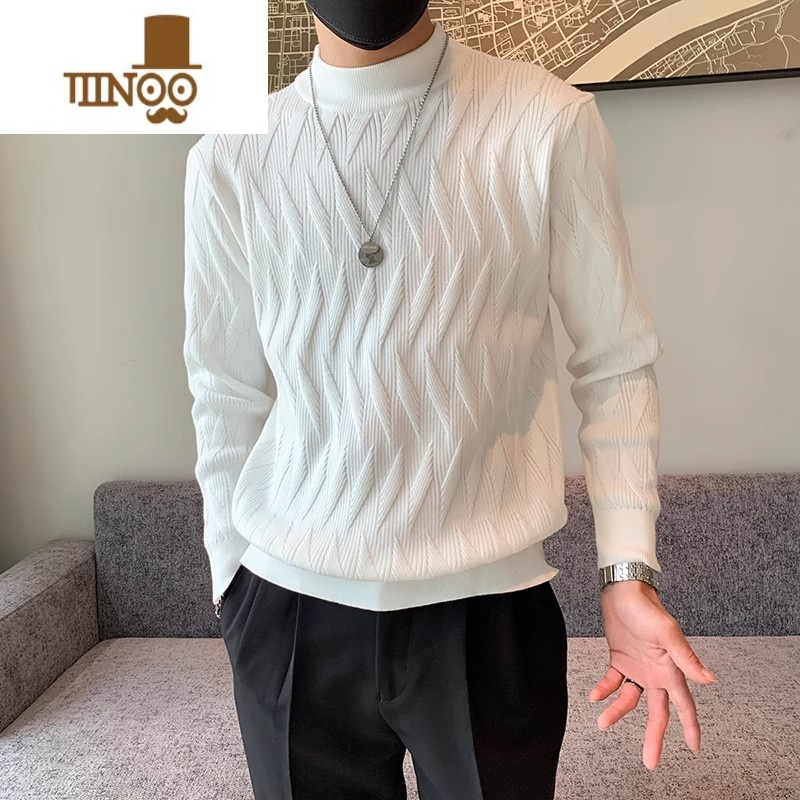 YANXU半高领毛衣男厚款宽松韩版潮流保暖中领打底毛线衣针织衫男 白色 XL