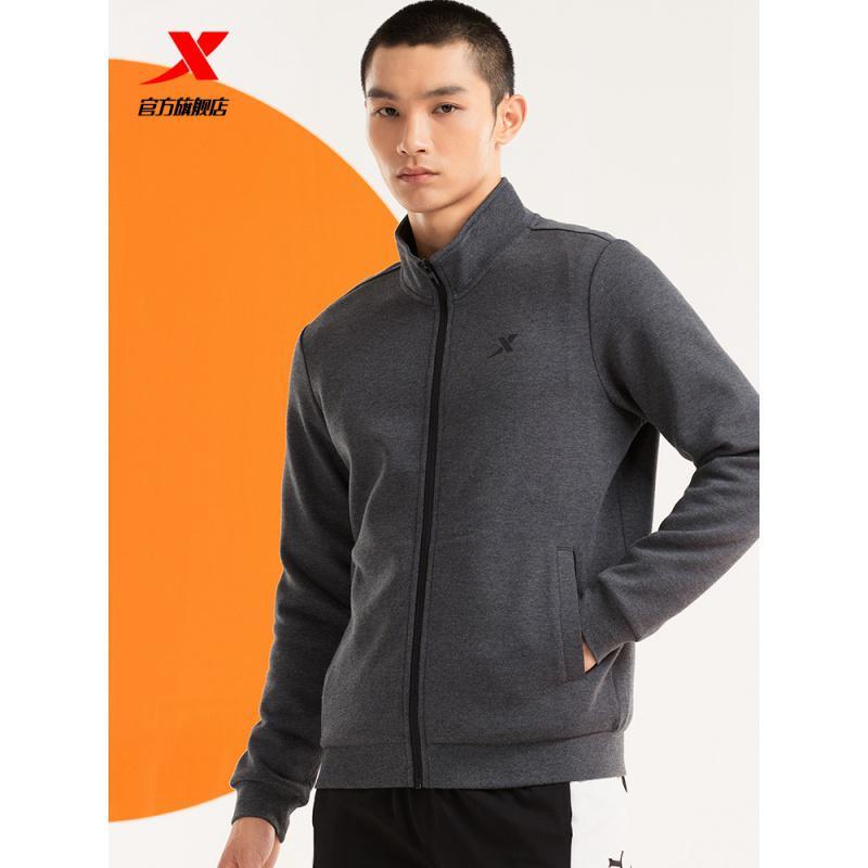 特步运动外套男2020新款男装加绒针织开衫卫衣休闲夹克运动服