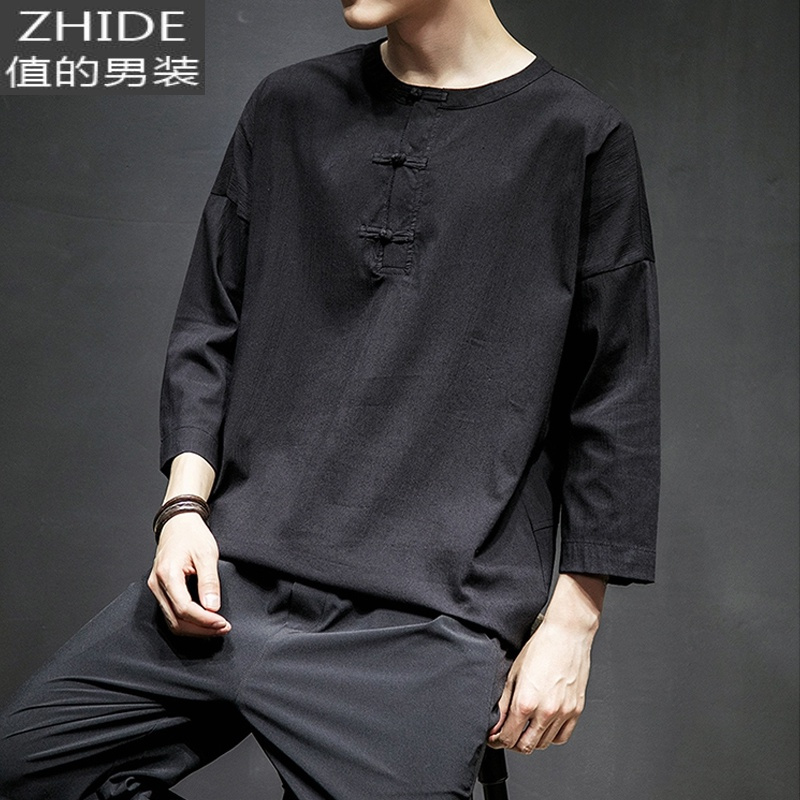 suntek春季上衣服宽松t恤男短袖国潮t桖加肥加大码中国风男装七分袖