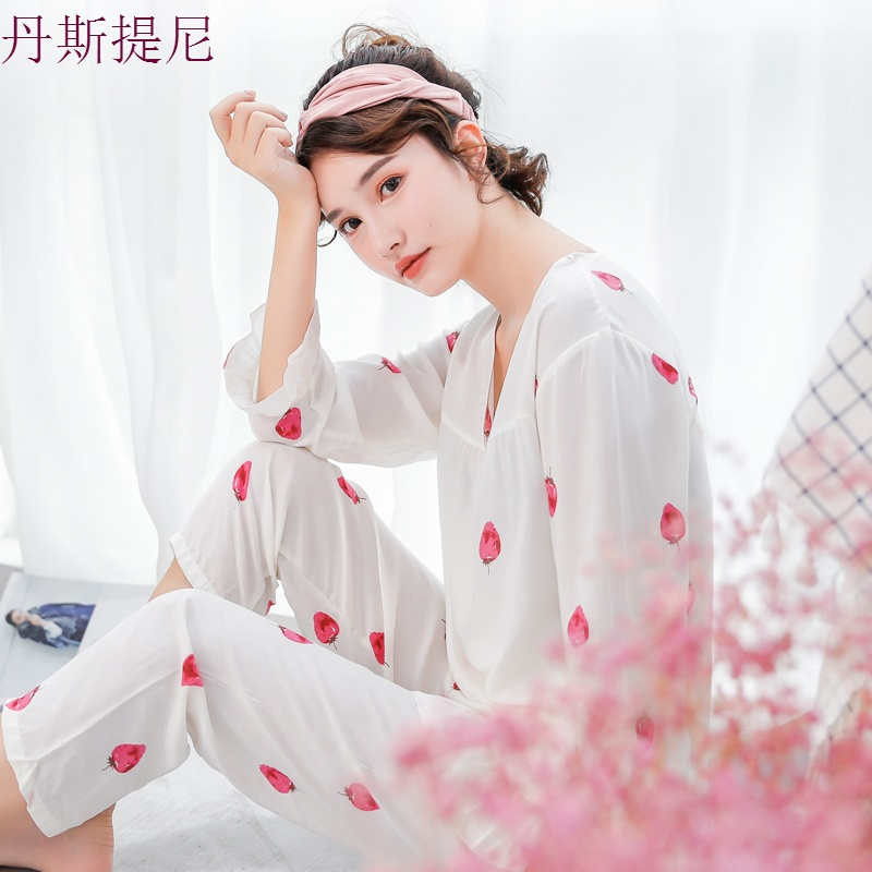 春秋季梭织纯棉绸薄款睡衣女士夏季可爱长袖绵绸人造棉套装家居服
