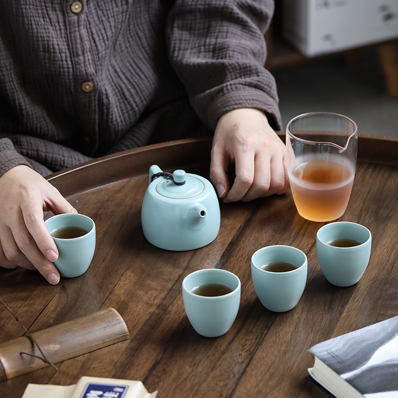 苏氏陶瓷 SUSHI CERAMICS 汝窑茶具套组旅行茶具便捷茶具高品质开片可养金线一壶四杯一玻璃公道杯旅行包包装