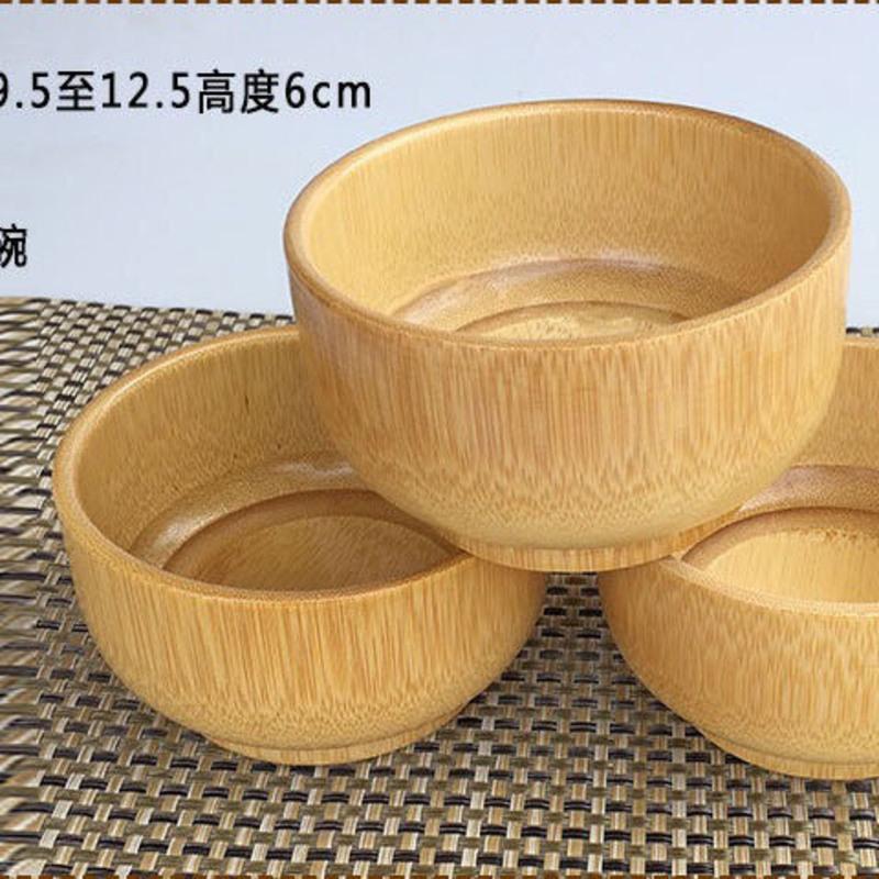 5个勺子 圆形竹碗木碗日式儿童饭碗宝宝家用小饭碗面膜碗沙拉木碗搅拌小碗