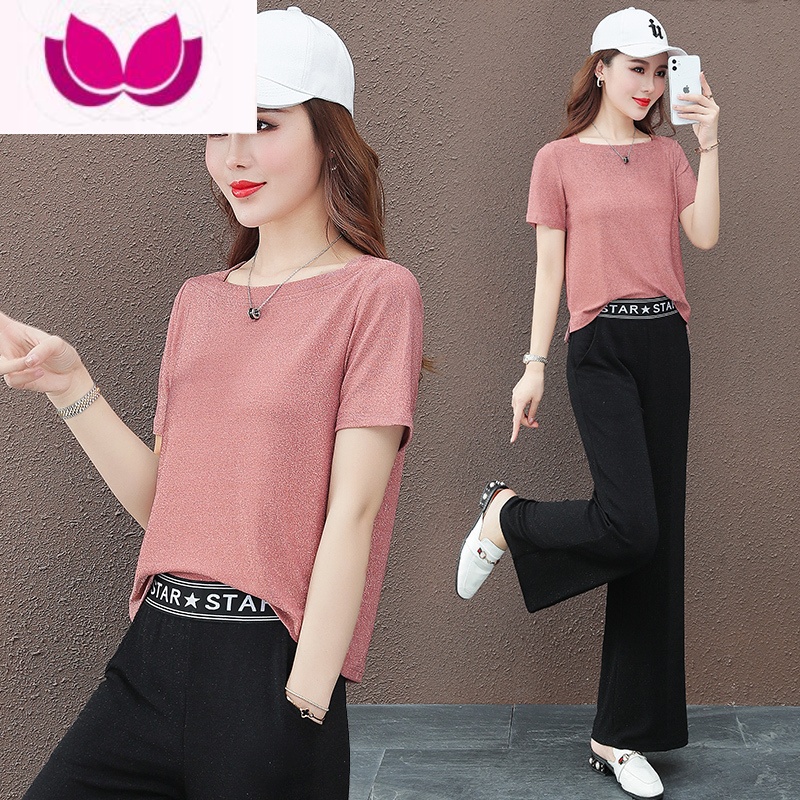七斓运动休闲套装女夏季薄款2023年新款女装洋气短袖阔腿裤休闲套 粉色-YX20113款 3XL(建议135-150斤)
