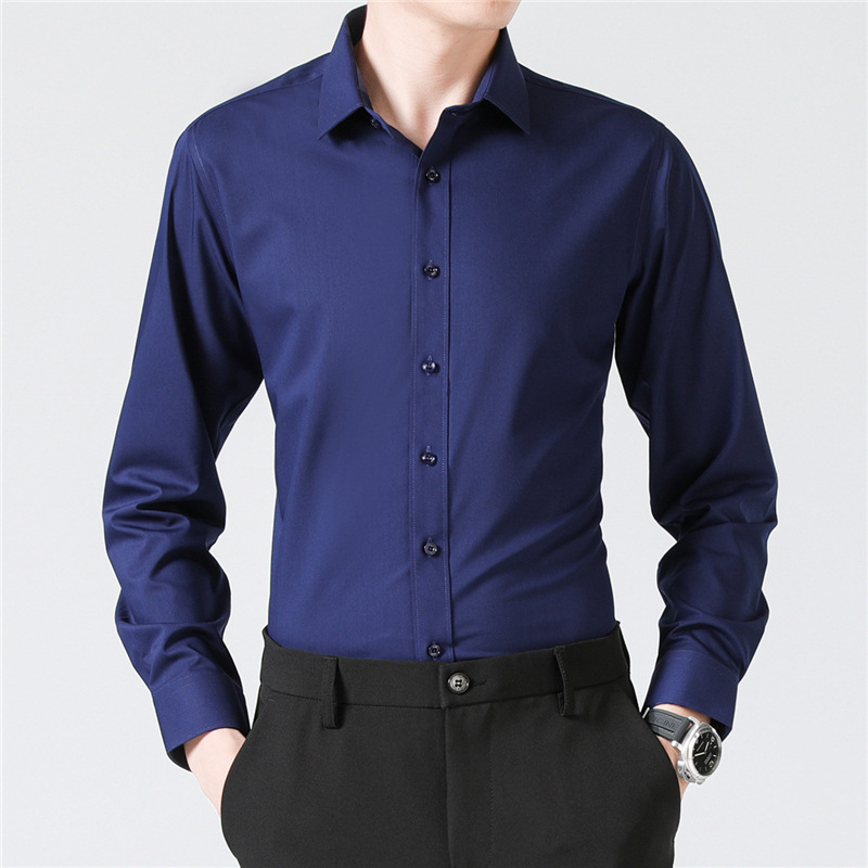 啄木鸟纯色长袖衬衫男春夏季薄款潮流修身大码上班职业装商务正装高清大图