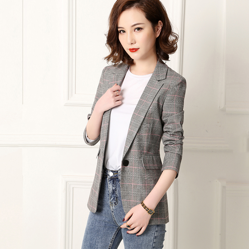 格子西装外套女2021春秋新款通勤韩版修身中长款女士小西服英伦风 tfc