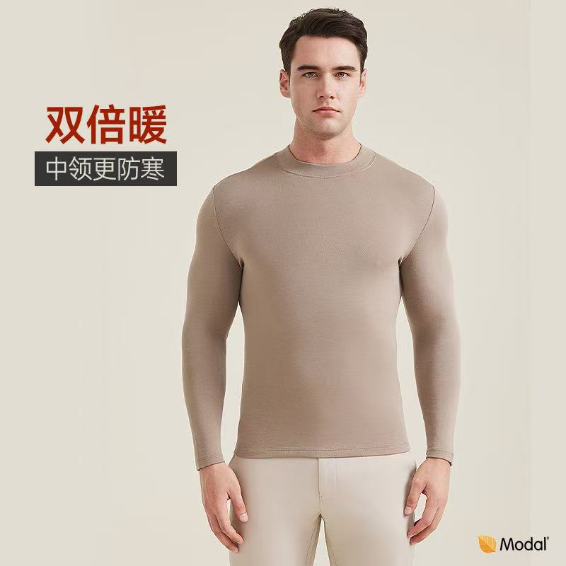 猫人保暖上衣轻暖无痕莫代尔中厚防风男半高领内衣隐形内搭打底衫高清大图