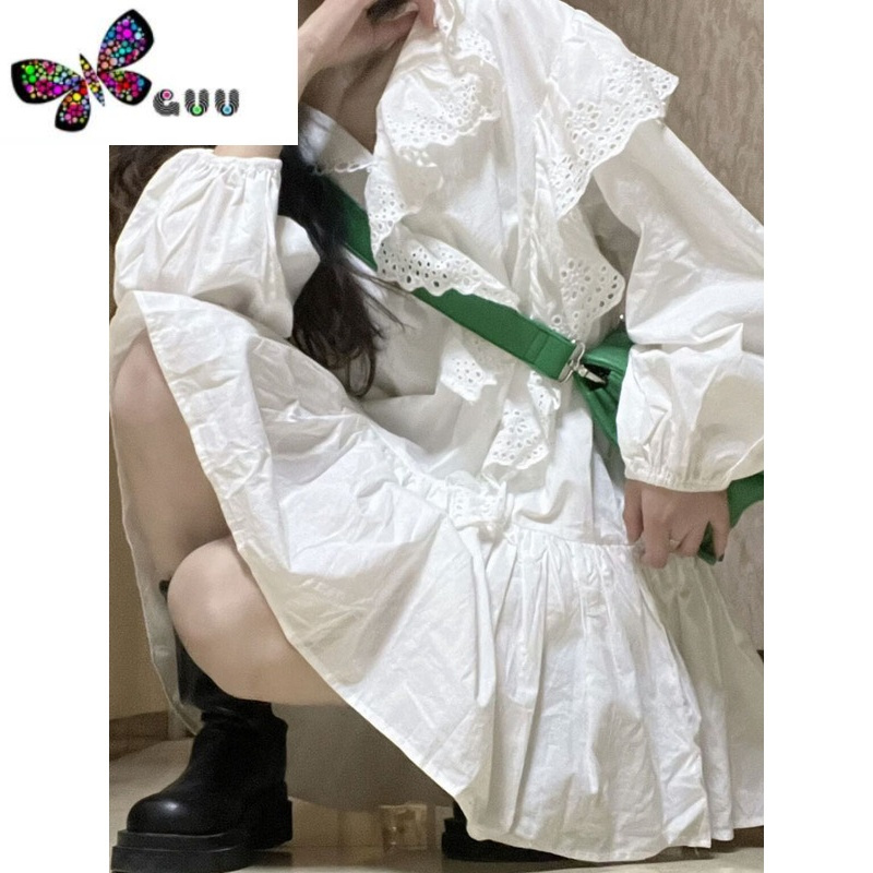 语娄复古白色泡泡袖连衣裙女夏季新款法式小个子百搭甜美初恋气质裙子