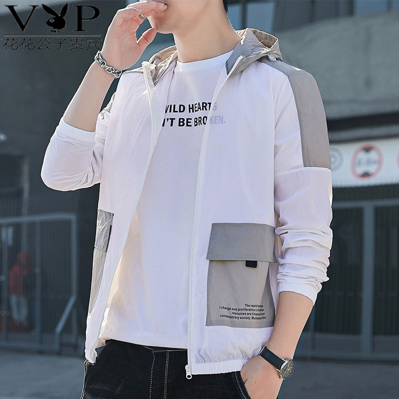 衣男士新款夏季薄款夹克男简约潮流工装休闲外套白色防晒衣服口袋连帽