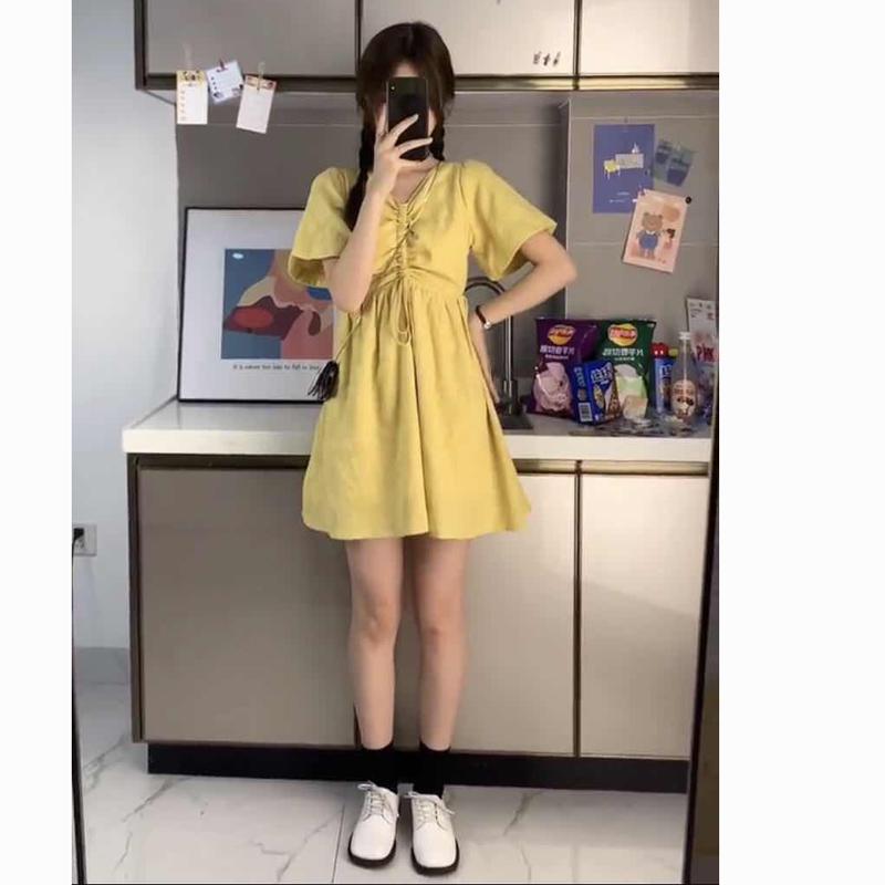 欧阳法式提花设计收褶短袖抽绳连衣裙收腰桔梗裙小个子中长裙子喜 粉紫色短款 XS