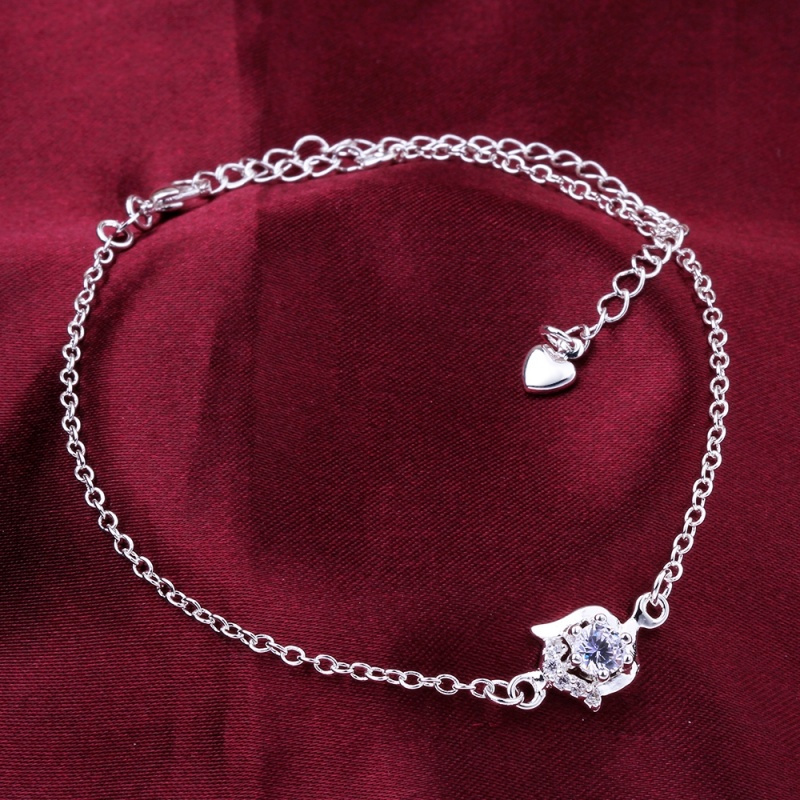 A034 Women Jewelry Silver Anklet 镀银饰品花朵白锆石脚链女潮送女朋友七夕情人节礼物