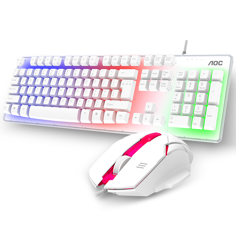 AOC KM100白色发光键鼠 防泼溅耐用电竞鼠标键盘安静小巧轻便