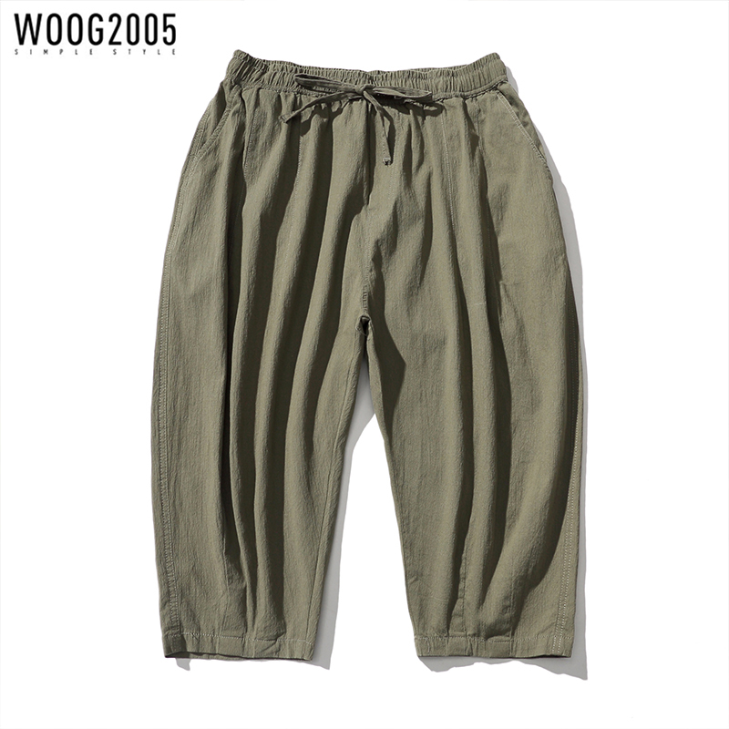 WOOG2005 2022夏季新款宽松七分裤男垮裤棉麻大码百搭工装短裤