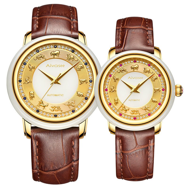 艾华仕机械表男机械表真皮手表男女腕表白玉全自动一对翡翠情侣防水