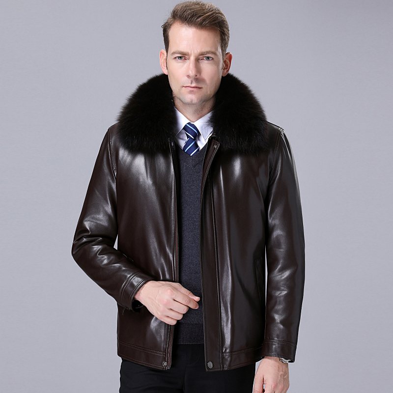 海宁正品黄金貂内胆真皮皮衣男士水貂皮草大衣尼克服绵羊皮毛一体真皮外套劲霸梦特娇红豆利郎鄂尔多斯金利来阿玛尼雅戈尔纯皮皮衣 L/175 3099短款棕色狐狸毛领