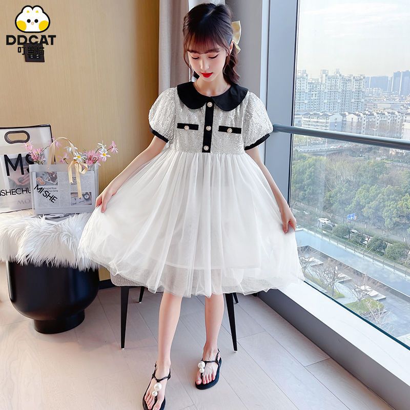 叮当猫女童连衣裙夏季儿童裙子中大童甜美可爱公主风亮片网纱裙潮