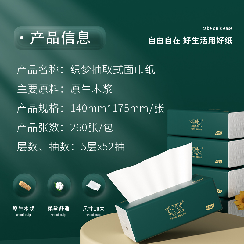 织梦 可湿水抽取式纸面巾5层52抽每包原生木浆抽纸纸巾实惠装餐巾纸家庭装纸抽卫生纸家用母婴可用 8包提装高清大图
