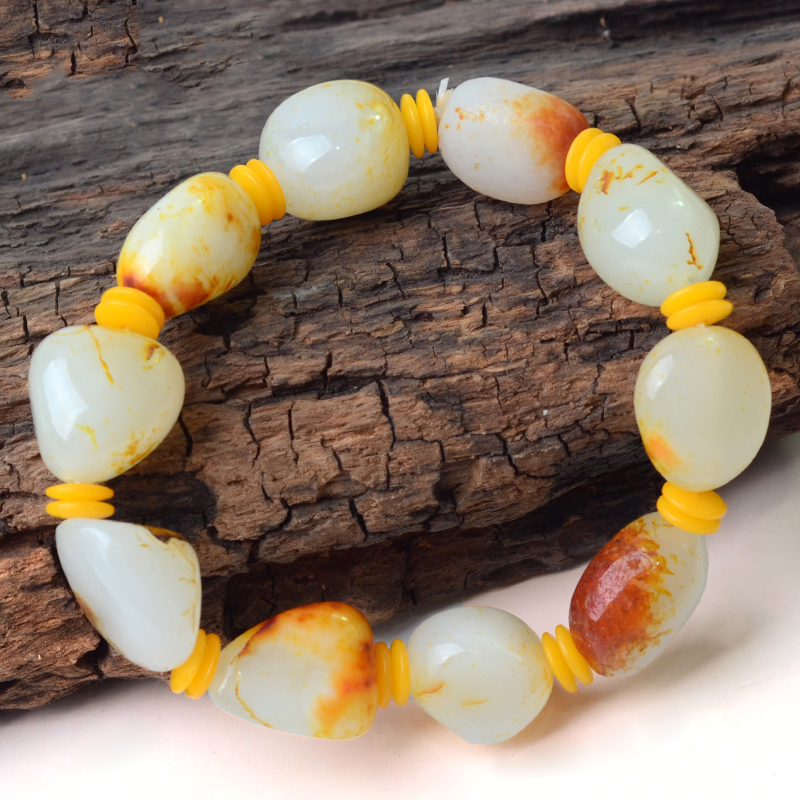 梦玉盈 新疆和田玉籽料原石手串白玉手链红皮白肉男士女款