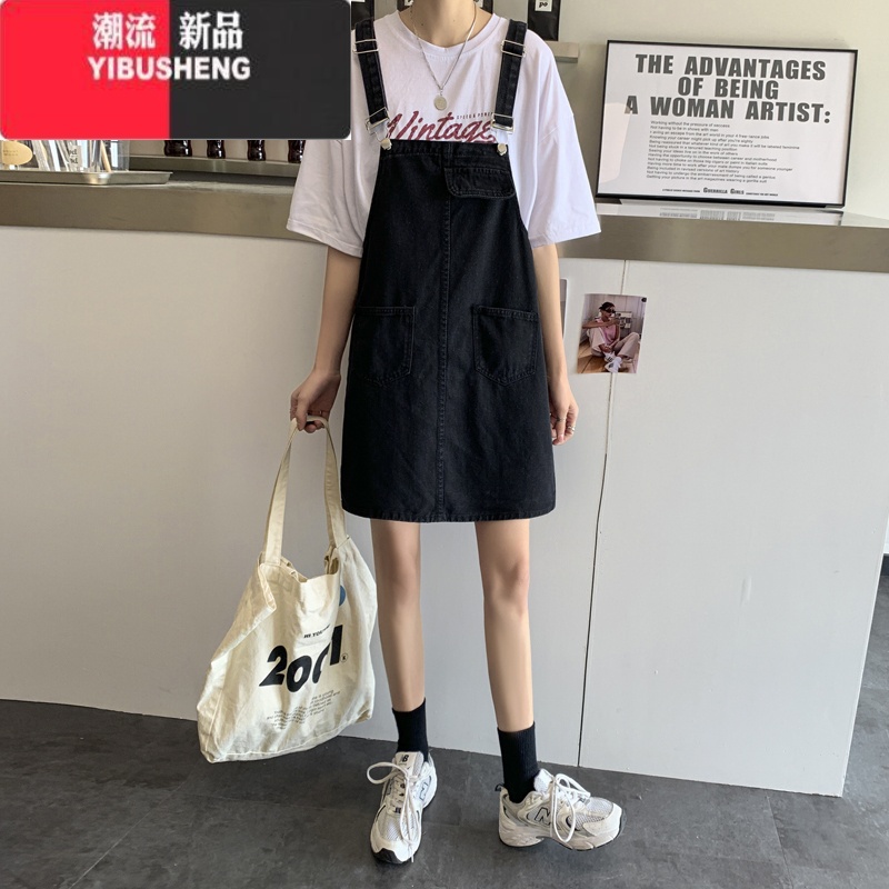 YIBUSHENG2024季新款宽松显瘦黑色牛仔背带裙女小个子吊带连衣裙短裙子高清大图