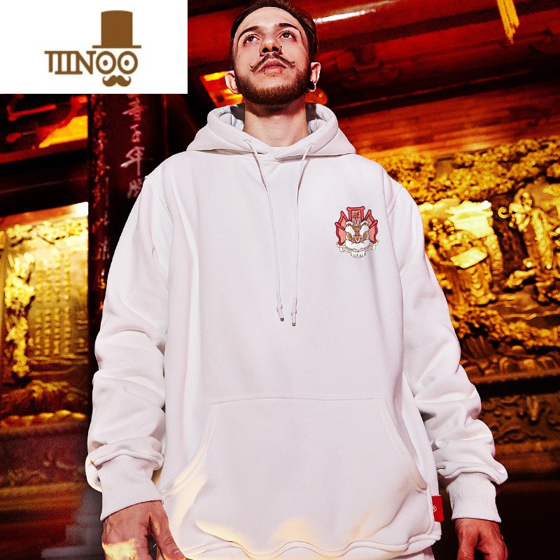 YANXU国潮中国风醒狮加绒连帽大码潮牌胖子oversize外套款卫衣男潮高清大图