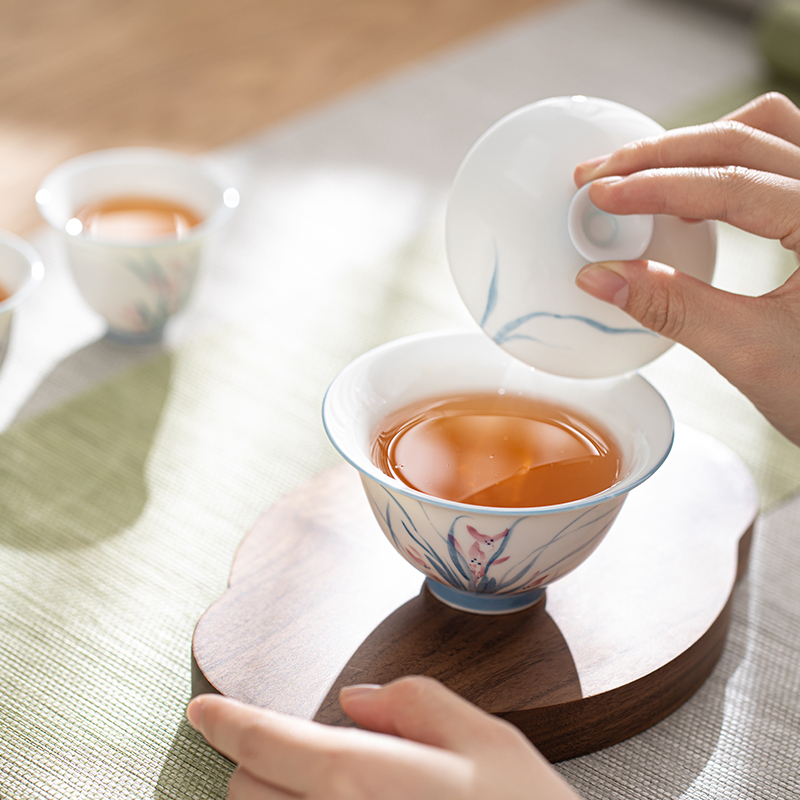 苏氏陶瓷(SUSHI CERAMICS)手绘羊脂玉瓷兰花二才盖碗非遗老师苏爱珍作品