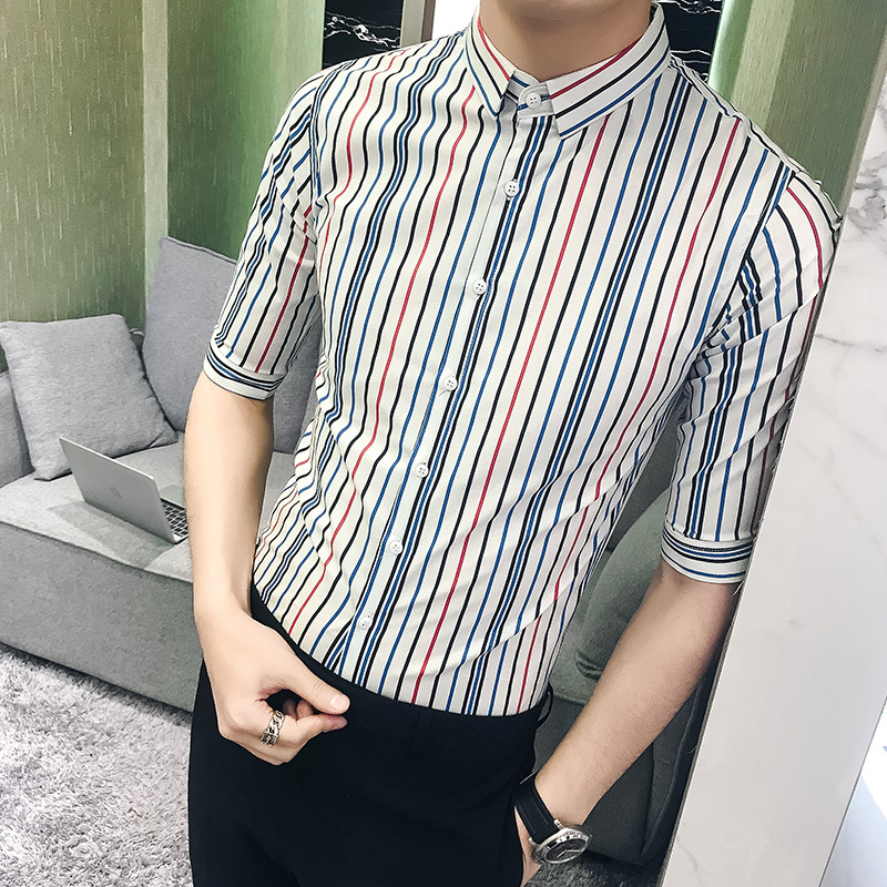 青年男士条纹衬衫夏季韩版修身型师夜店短袖衬衫五分袖寸衫上衣