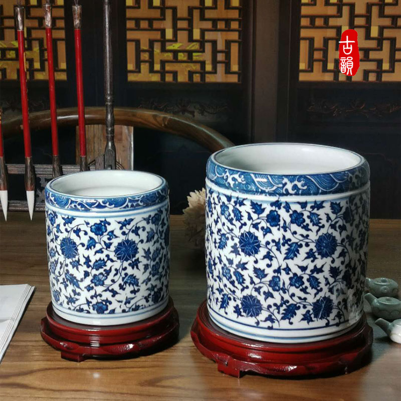 景德镇陶瓷仿古青花瓷笔筒大号毛笔桶复古中国风大容量收纳摆件 三维工匠 大号蓝外径12cm高13cm高清大图